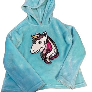BCBG Girls Soft Teal Unicorn Pullover Hoodie- girls size xs 5/6